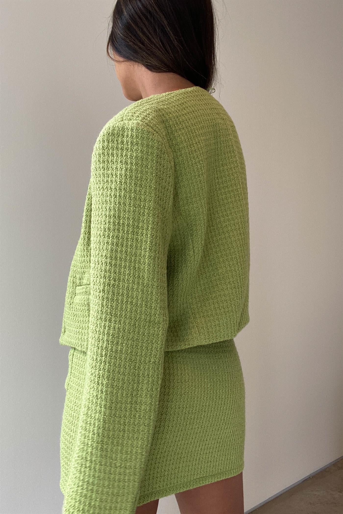 Tweed Collarless Cropped Jacket in Green