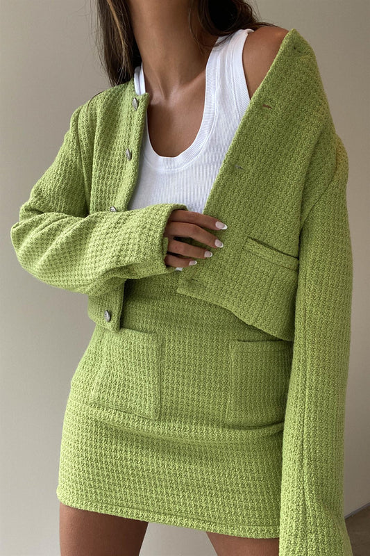 Tweed Collarless Cropped Jacket in Green